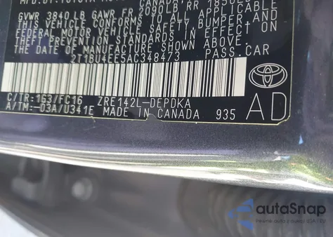 2010 Toyota Corolla Le from USA, damaged, VIN 2T1BU4EE5AC348473